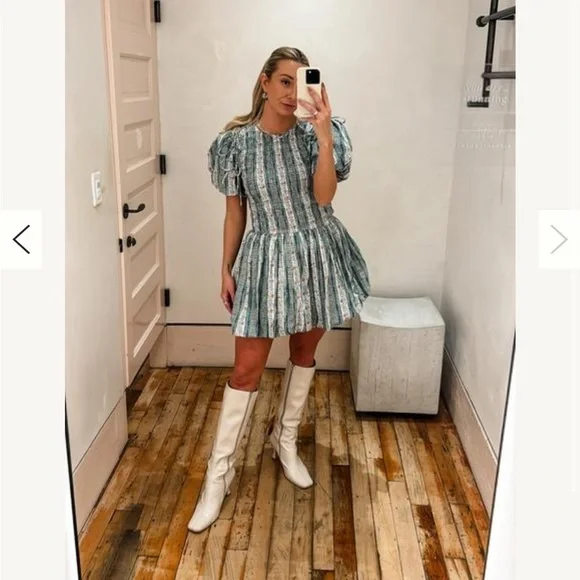 brown puff sleeve mini dress Brown Refugio Lurex Front Knot Puff Sleeve Mini Dress Brown Refugio / M